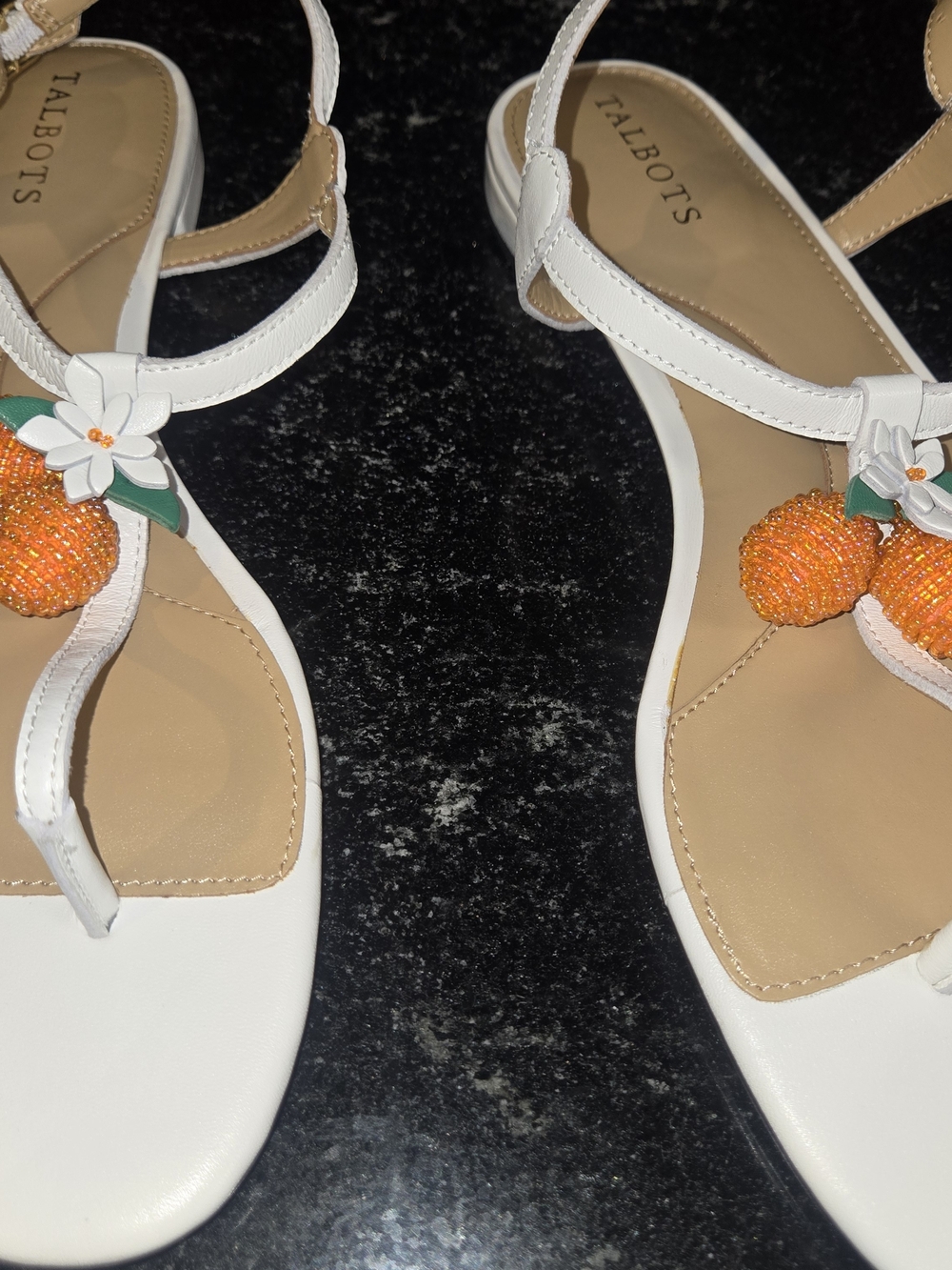 Talbots White T-Strap Sandals with Orange Bead Cherry Accent - Picture 3 of 3